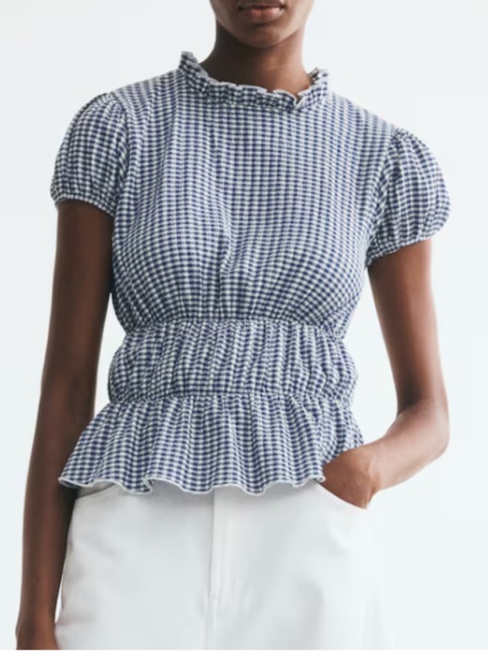 Blue Gingham Ruffle-Smock Peplum Top